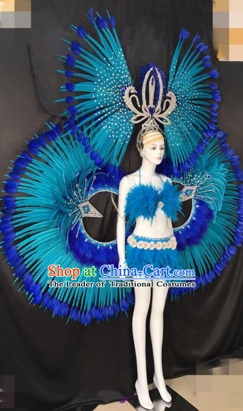 Blue Feather Brazilian Rio Carnival Costumes Halloween Catwalks Swimsuit and Deluxe Feather Wings Headwear for Women