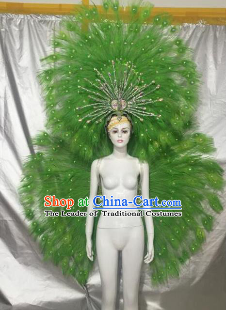 Brazilian Catwalks Samba Dance Props Rio Carnival Green Feather Angel Wings and Headwear for Women