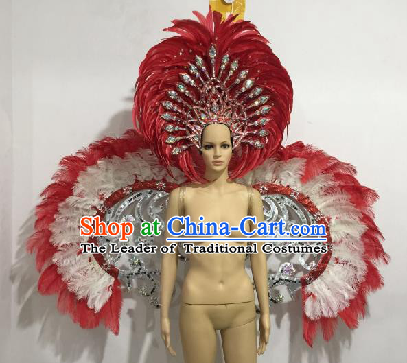 Brazilian Catwalks Samba Dance Props Rio Carnival Red and White Feather Angel Wings and Headwear for Women