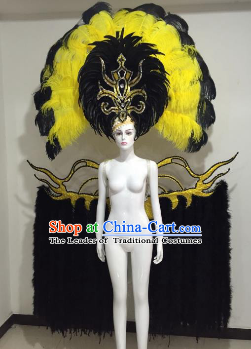 Brazilian Catwalks Samba Dance Props Rio Carnival Black and Yellow Feather Angel Wings and Headwear for Women