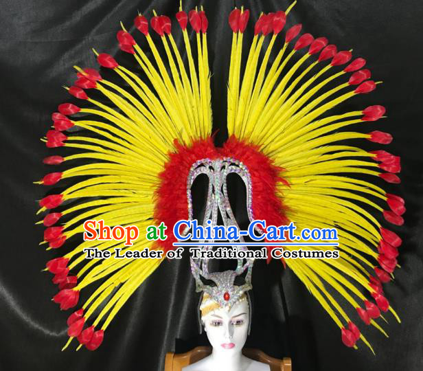 Brazilian Rio De Janeiro Carnival Yellow Feather Deluxe Hair Accessories Samba Victorian Dance Hats for Women