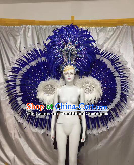 Top Grade Brazilian Carnival Samba Dance Royalblue Feather Angel Wings Catwalks Headwear for Women