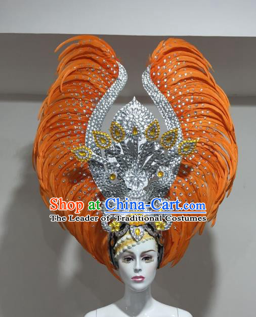 Brazilian Samba Dance Orange Feather Hair Accessories Rio Carnival Victorian Dance Deluxe Headwear for Women