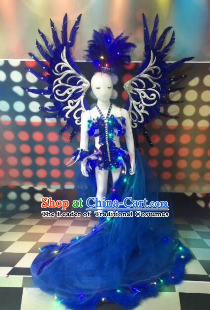 Top Grade Catwalks Costumes Brazilian Carnival Samba Dance Blue Feather Swimsuit with Wings for Kids