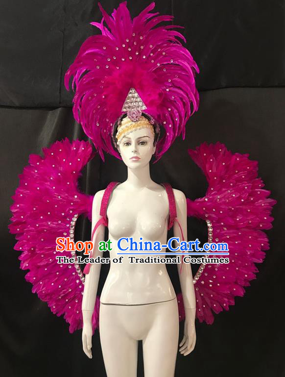 Brazilian Rio Carnival Samba Dance Rosy Feather Wings and Headwear for Adults