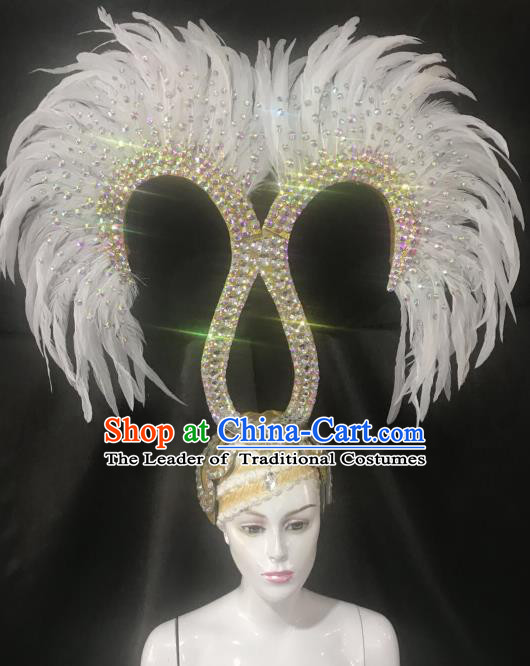 Handmade Samba Dance Catwalks Hair Accessories Brazilian Rio Carnival White Feather Headdress for Women
