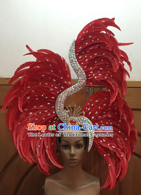 Handmade Samba Dance Hair Accessories Brazilian Rio Carnival Deluxe Red Feather Headdress for Women
