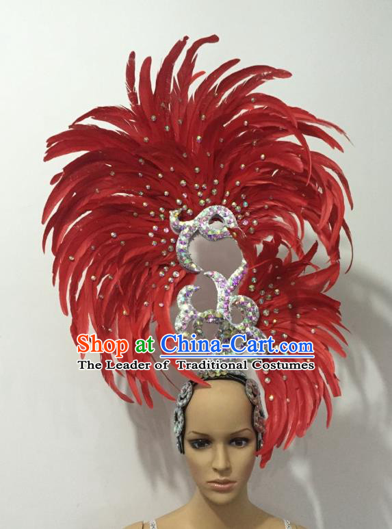 Handmade Samba Dance Deluxe Red Feather Hair Accessories Brazilian Rio Carnival Headdress for Women