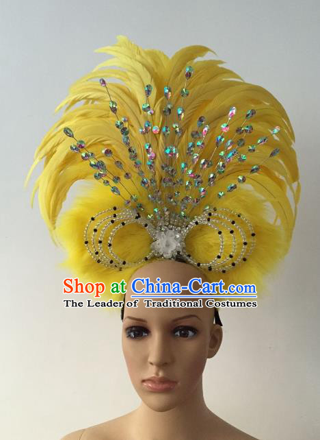 Brazilian Rio Carnival Samba Dance Yellow Feather Headdress Stage Performance Hair Accessories for Women