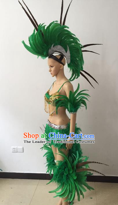 Brazilian Carnival Samba Dance Catwalks Costumes Swimsuit and Green Feather Headdress for Women