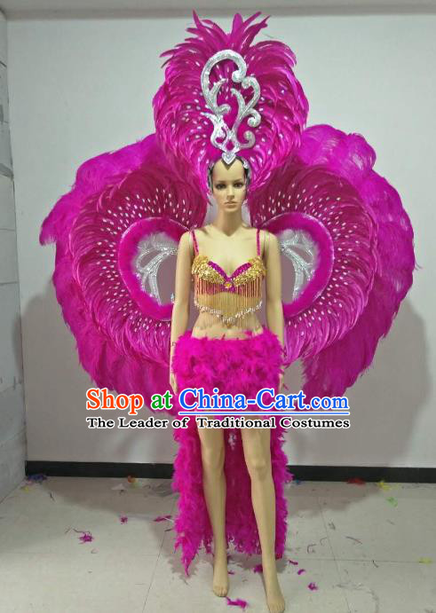 Brazilian Carnival Samba Dance Catwalks Costumes and Props Rosy Feather Swimsuit and Wings for Women