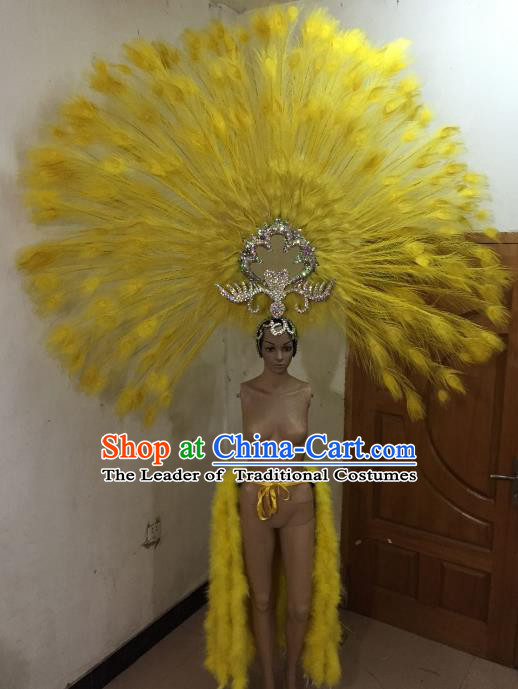 Custom-made Samba Dance Deluxe Yellow Feather Hair Accessories Brazilian Rio Carnival Headdress for Women