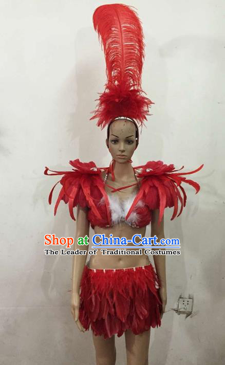 Brazilian Rio Carnival Samba Dance Costumes Catwalks Red Feather Swimsuit and Headdress for Women