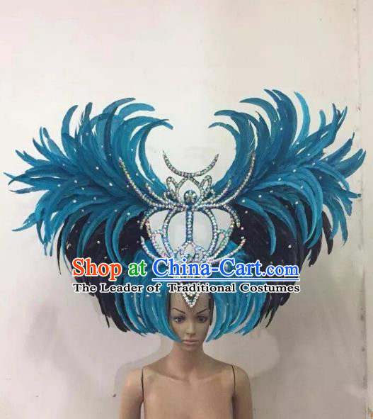 Customized Deluxe Blue Feather Samba Dance Hair Accessories Brazilian Rio Carnival Headdress for Women