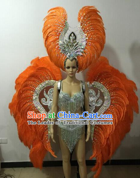 Custom-made Catwalks Props Brazilian Rio Carnival Samba Dance Orange Feather Wings and Headdress for Women