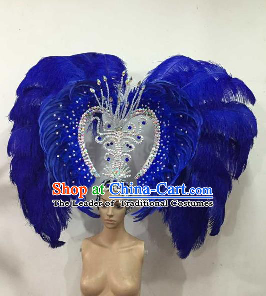 Professional Samba Dance Hair Accessories Brazilian Rio Carnival Royalblue Feather Headdress for Women