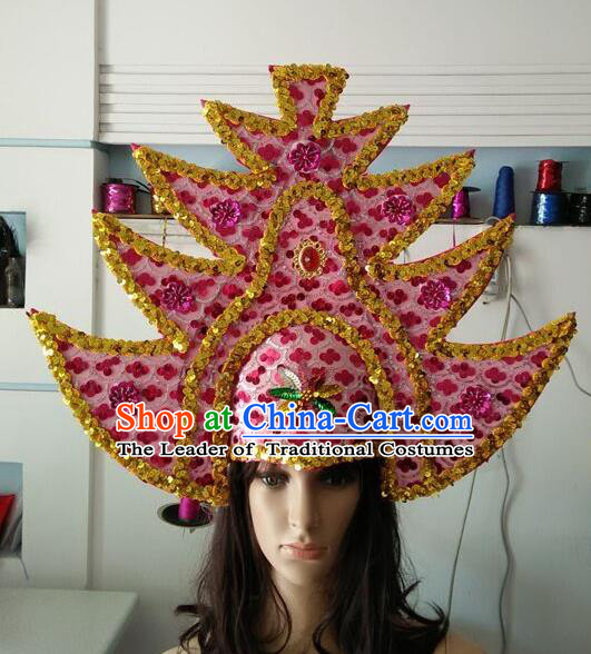 Professional Samba Dance Hair Accessories Brazilian Rio Carnival Pink Sequins Headdress for Women