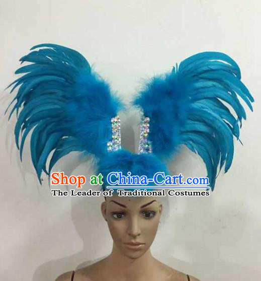 Professional Halloween Samba Dance Blue Feather Hair Accessories Brazilian Rio Carnival Headdress for Women