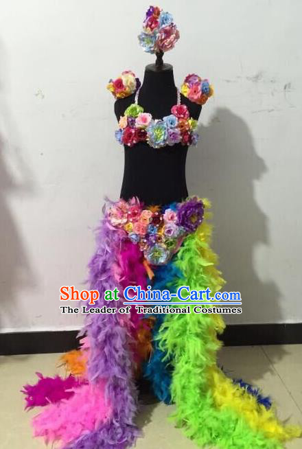 Brazilian Rio Carnival Samba Dance Costumes Catwalks Flowers Trailing Dress for Kids