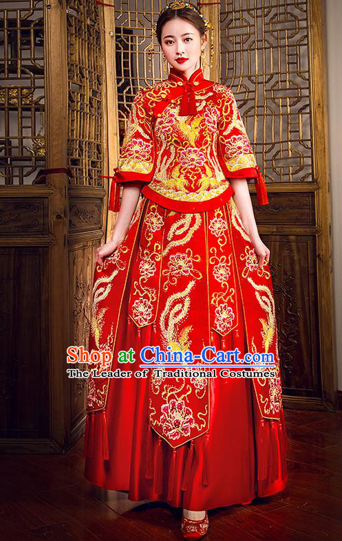 Traditional Chinese Female Wedding Costumes Ancient Embroidered Phoenix Peony Full Dress Red XiuHe Suit for Bride
