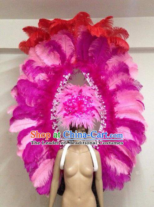 Customized Halloween Catwalks Props Brazilian Rio Carnival Samba Dance Rosy and Pink Feather Deluxe Wings and Headwear for Women
