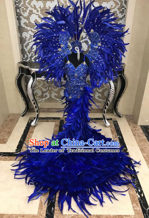 Brazilian Rio Carnival Samba Dance Costumes Catwalks Blue Feather Trailing Swimwear and Wings for Kids
