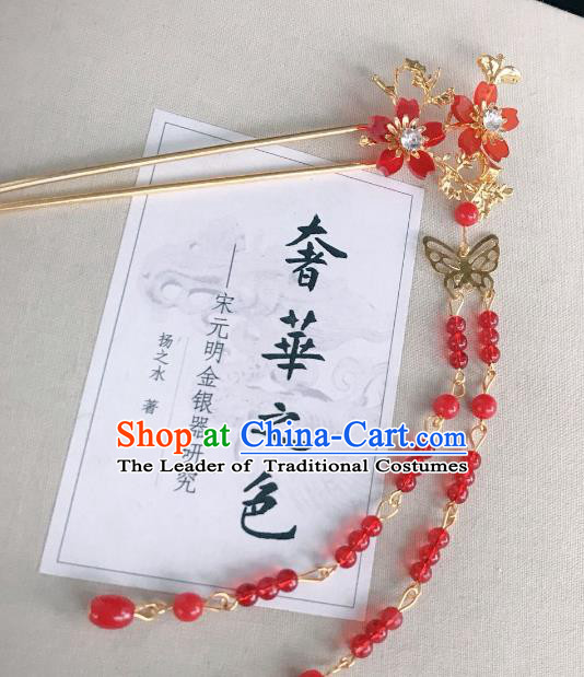Chinese Traditional Hair Accessories Ancient Hanfu Hairpins Red Beads Tassel Hair Clip for Women