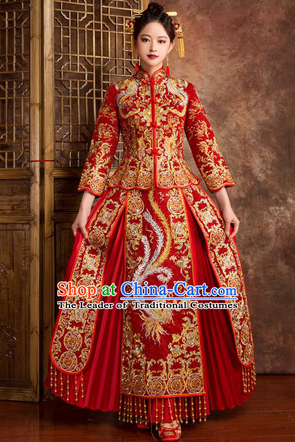 Chinese Traditional Wedding Costumes Ancient Bride Embroidered Phoenix Peony Diamante Red Xiuhe Suit for Women
