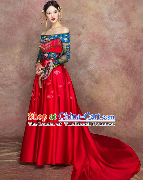 Traditional Chinese Wedding Costumes Embroidered Red Full Dress Ancient Bottom Drawer for Bride