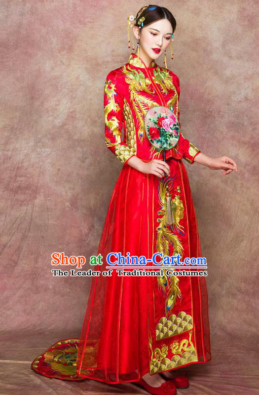 Traditional Chinese Wedding Costumes Embroidered Phoenix Full Dress Red XiuHe Suit Ancient Bottom Drawer for Bride