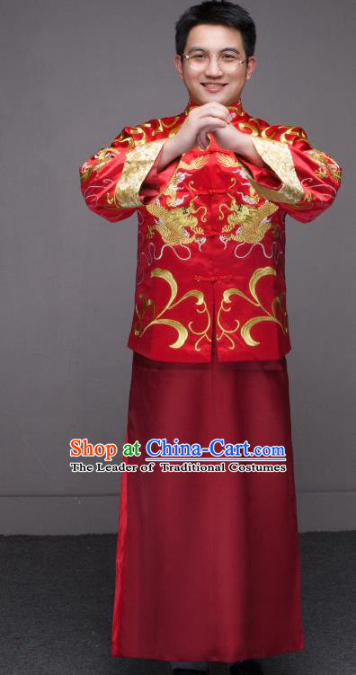 Traditional Ancient Chinese Wedding Red Costumes Bridegroom Embroidered Tang Suit for Men