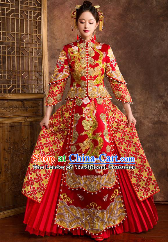 Traditional Chinese Embroidered Dragon XiuHe Suit Wedding Costumes Full Dress Ancient Bottom Drawer for Bride
