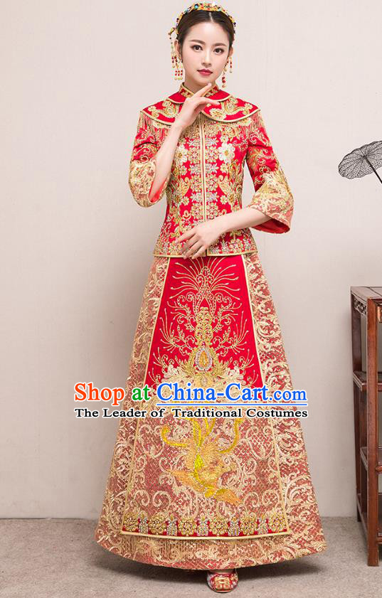 Traditional Chinese Embroidered Slim Diamante Red XiuHe Suit Wedding Costumes Full Dress Ancient Bottom Drawer for Bride