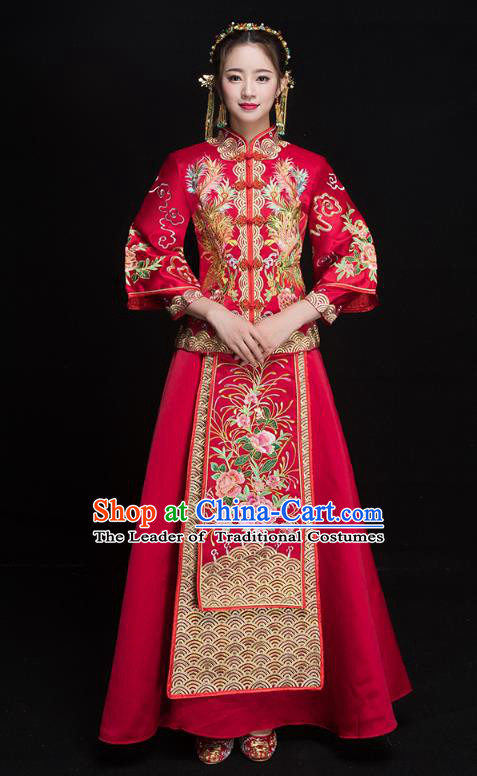 Chinese Ancient Embroidered Phoenix Peony Wedding Costumes Bride Formal Dresses Red XiuHe Suit for Women