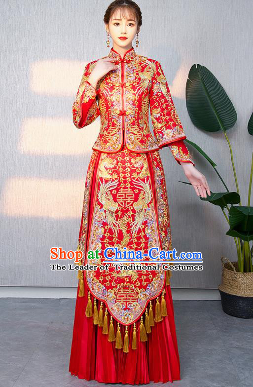 Chinese Ancient Bottom Drawer Traditional Wedding Costumes Embroidered Dragon Phoenix Red XiuHe Suit for Women