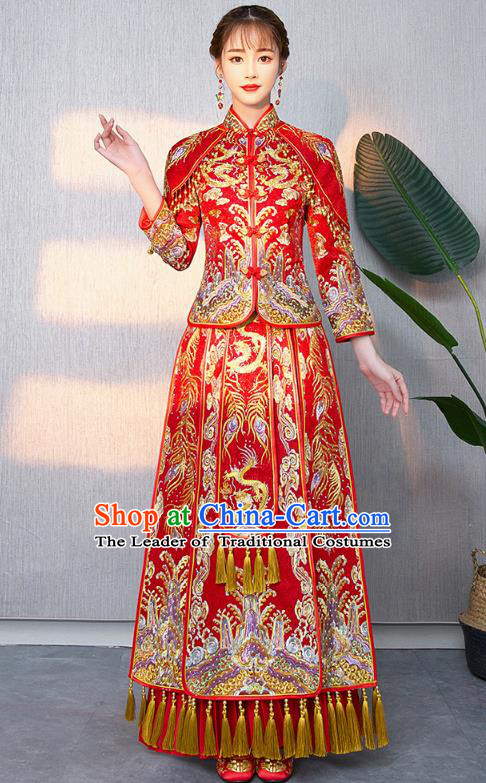 Chinese Ancient Bottom Drawer Traditional Wedding Costumes Embroidered Dragons Red XiuHe Suit for Women