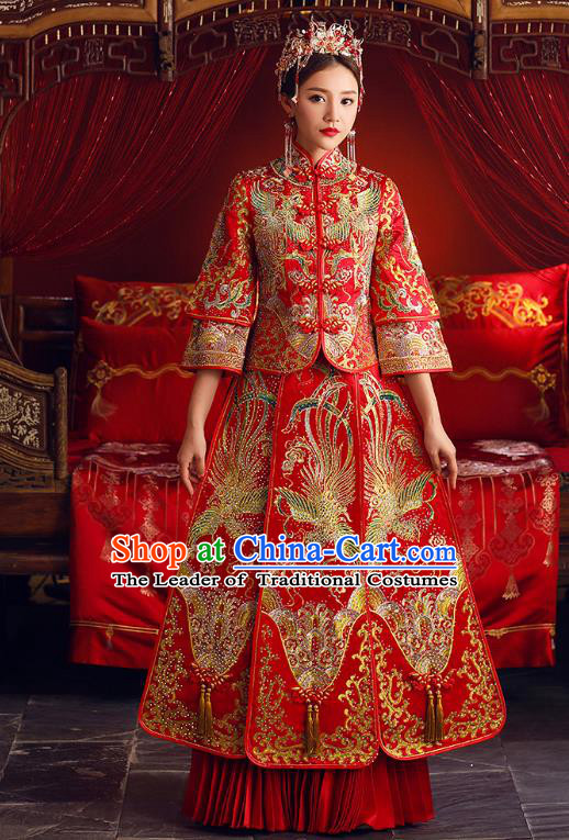 Chinese Ancient Bride Formal Dresses Embroidered Beading Cheongsam XiuHe Suit Traditional Wedding Costumes for Women