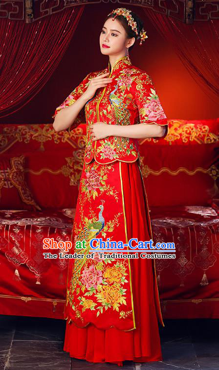 Chinese Ancient Traditional Wedding Costumes Bride Formal Dresses Embroidered Phoenix Cheongsam XiuHe Suit for Women