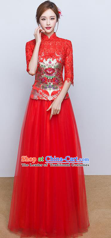 Chinese Ancient Wedding Costumes Bride Red Lace Formal Dresses Embroidered Slim XiuHe Suit for Women