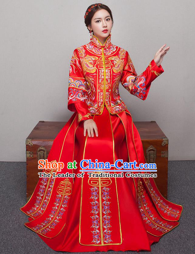 Chinese Ancient Wedding Costumes Bride Formal Dresses Embroidered Slim Red XiuHe Suit for Women