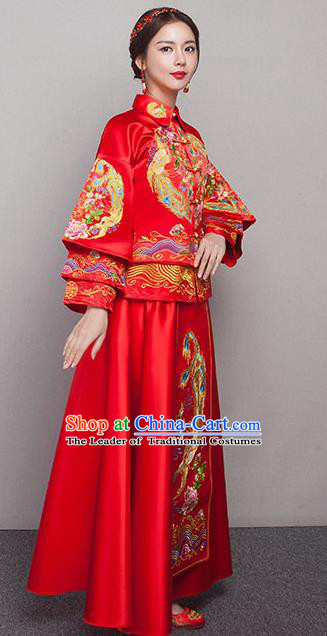 Chinese Ancient Wedding Costumes Bride Formal Dresses Embroidered Peony Slim Red XiuHe Suit for Women