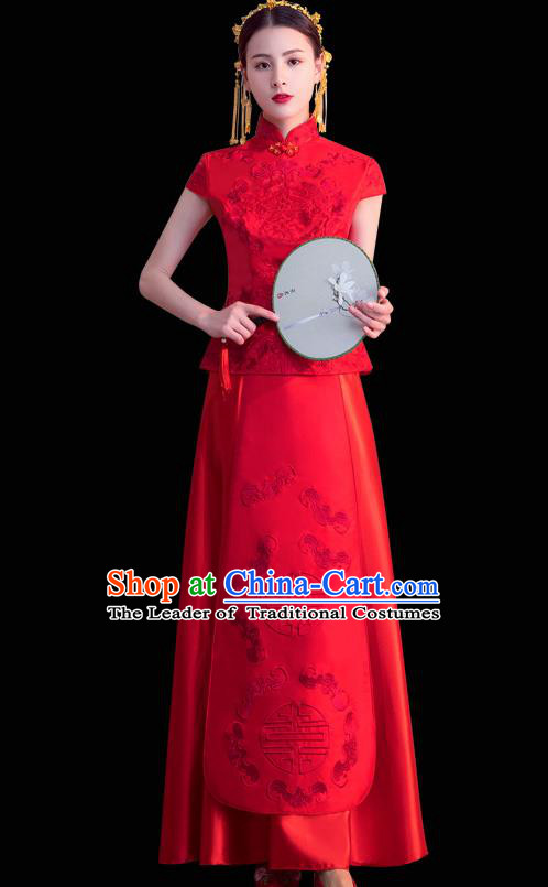 Chinese Ancient Wedding Costumes Bride Formal Dresses Embroidered Toast Cheongsam XiuHe Suit for Women