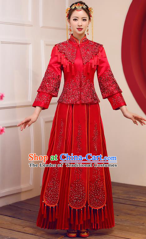Top Grade Chinese Traditional Diamante Wedding Dress Ancient Bride Embroidered Red XiuHe Suit for Women