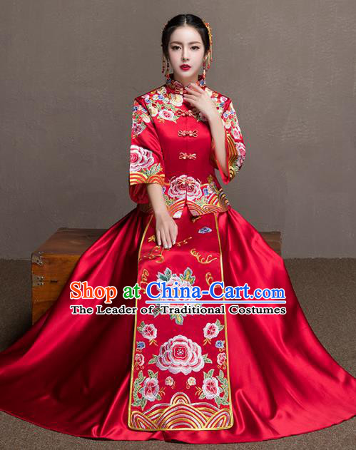 Chinese Ancient Bride Red Peony Formal Dresses Xiuhe Suit Embroidered Wedding Costume for Women