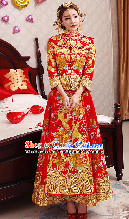 Chinese Traditional Wedding Dress Red XiuHe Suit Ancient Bride Embroidered Phoenix Toast Cheongsam for Women