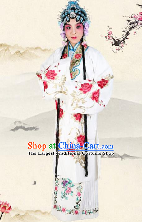 Professional Chinese Traditional Beijing Opera Diva Embroidered Peony White Costumes for Adults
