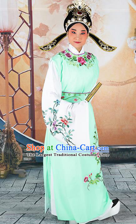 Professional Chinese Peking Opera Niche Costume Huangmei Opera Jia Baoyu Green Robe and Hat for Adults