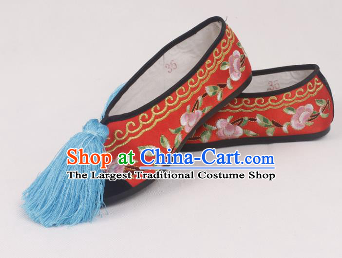 Chinese Traditional Beijing Opera Hanfu Red Embroidered Shoes Peking Opera Diva Blood Stained Shoes for Women