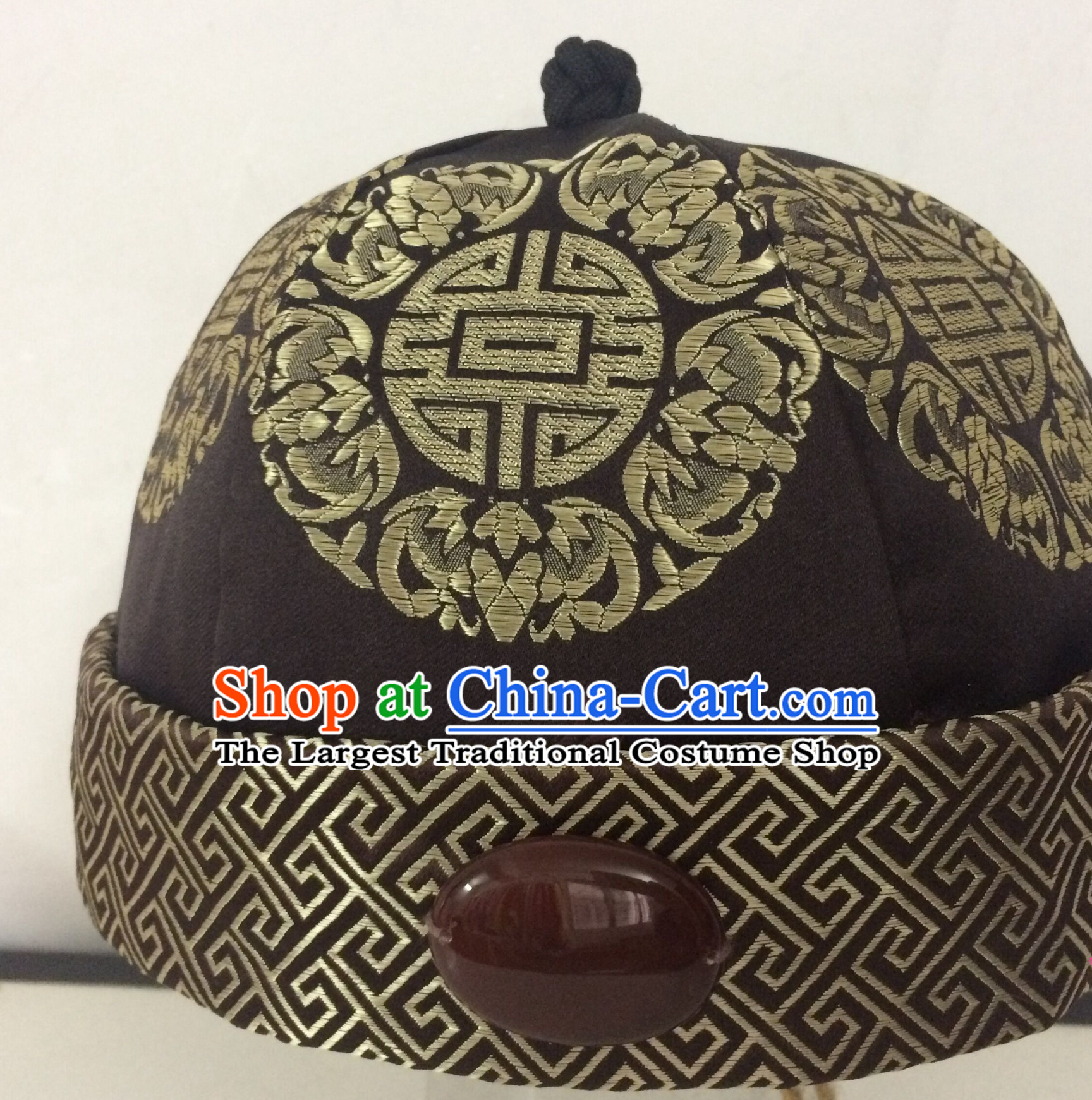Chinese Traditional Handmade Silk Brocade Qing Dynasty Princess Jade Hat for Men