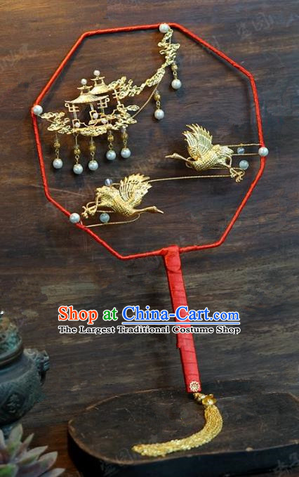 Top Grade Chinese Handmade Palace Fans Ancient Cranes Round Fans for Women
